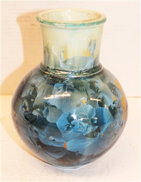 Phil Morgan Seagrove, NC 2001 Dated Crystalline Art Pottery Vase - Tan, White, and Blue Glazes - Vase is 7 1/2 Tall - Signed in Script on Bottom 