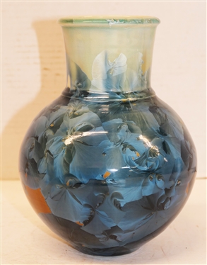 Phil Morgan Seagrove, NC 2001 Dated Crystalline Art Pottery Vase - Tan, White, and Blue Glazes - Vase is 7 1/2 Tall - Signed in Script on Bottom 