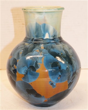 Phil Morgan Seagrove, NC 2001 Dated Crystalline Art Pottery Vase - Tan, White, and Blue Glazes - Vase is 7 1/2 Tall - Signed in Script on Bottom 