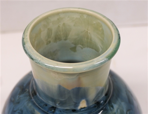 Phil Morgan Seagrove, NC 2001 Dated Crystalline Art Pottery Vase - Tan, White, and Blue Glazes - Vase is 7 1/2 Tall - Signed in Script on Bottom 