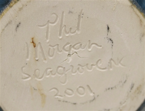 Phil Morgan Seagrove, NC 2001 Dated Crystalline Art Pottery Vase - Tan, White, and Blue Glazes - Vase is 7 1/2 Tall - Signed in Script on Bottom 