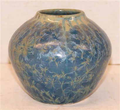 Leftwich Asheville, NC 2000 - Crystalline Art Pottery Vase - Beautiful Overall Blue Crystals - Vase is 5 Tall - Signed On Bottom - Pottery Rodney Henderson Leftwich 