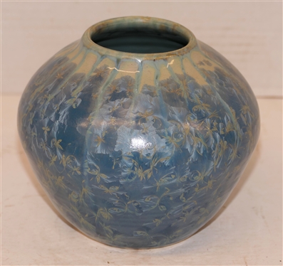 Leftwich Asheville, NC 2000 - Crystalline Art Pottery Vase - Beautiful Overall Blue Crystals - Vase is 5 Tall - Signed On Bottom - Pottery Rodney Henderson Leftwich 
