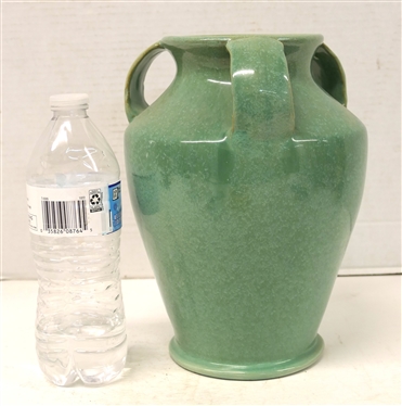 Beautiful Light Turquoise Green Triple Handled Vase - Light and Dark Green Variegated Glaze - Vase is 9 1/2 Tall 