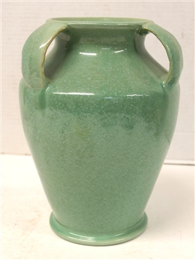 Beautiful Light Turquoise Green Triple Handled Vase - Light and Dark Green Variegated Glaze - Vase is 9 1/2 Tall 