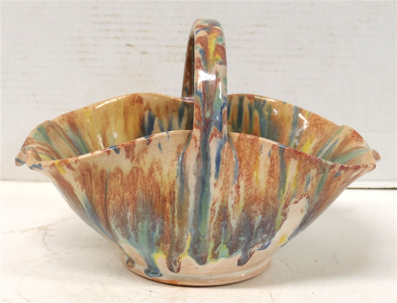 Cole / Rainbow Pottery NC Art Pottery Basket - Rainbow Colored Glaze - Basket is 4 1/2" Tall Not Including Handle - 10" By 6 1/2" 