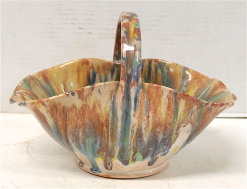 Cole / Rainbow Pottery NC Art Pottery Basket - Rainbow Colored Glaze - Basket is 4 1/2 Tall Not Including Handle - 10 By 6 1/2 