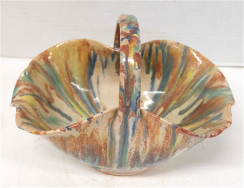 Cole / Rainbow Pottery NC Art Pottery Basket - Rainbow Colored Glaze - Basket is 4 1/2 Tall Not Including Handle - 10 By 6 1/2 