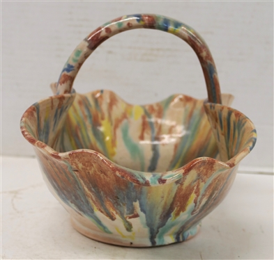 Cole / Rainbow Pottery NC Art Pottery Basket - Rainbow Colored Glaze - Basket is 4 1/2 Tall Not Including Handle - 10 By 6 1/2 
