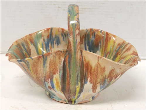Cole / Rainbow Pottery NC Art Pottery Basket - Rainbow Colored Glaze - Basket is 4 1/2 Tall Not Including Handle - 10 By 6 1/2 