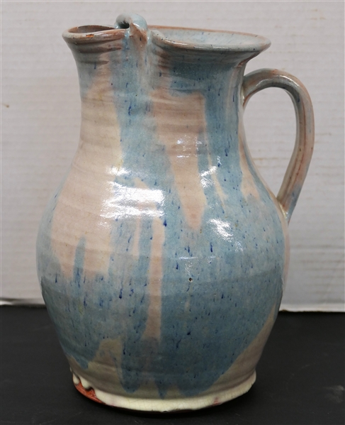 Williamsburg Handmade Pottery Pitcher -Blue and Gray / White Glaze - Pitcher with Ice Lip - Measures 10" Tall - Stamped on Bottom 