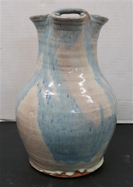 Williamsburg Handmade Pottery Pitcher -Blue and Gray / White Glaze - Pitcher with Ice Lip - Measures 10 Tall - Stamped on Bottom 