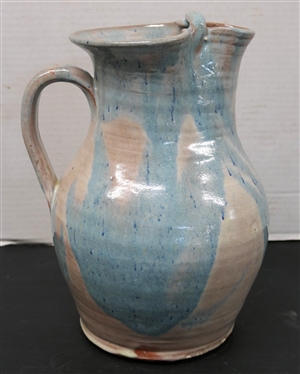 Williamsburg Handmade Pottery Pitcher -Blue and Gray / White Glaze - Pitcher with Ice Lip - Measures 10 Tall - Stamped on Bottom 