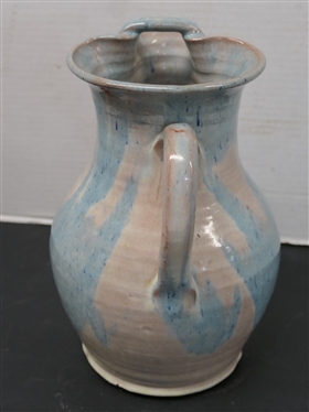 Williamsburg Handmade Pottery Pitcher -Blue and Gray / White Glaze - Pitcher with Ice Lip - Measures 10 Tall - Stamped on Bottom 