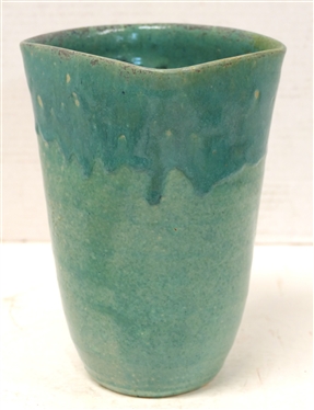 Handmade by North State Pottery (1939 - 1959) Turquoise Vase - Rectangular Top - Two Variations of Turquoise Glaze - Vase is 8 Tall 4 1/2 Wide