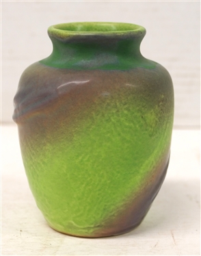 1930''s Weller Elberta Vibrant Lime Green, Blue, and Purple Pottery Small Vase Embossed Ribbon Design Signed Weller Pottery on Bottom - Vase is 4 1/4 Tall 