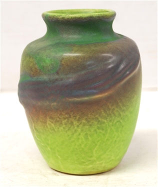 1930''s Weller Elberta Vibrant Lime Green, Blue, and Purple Pottery Small Vase Embossed Ribbon Design Signed Weller Pottery on Bottom - Vase is 4 1/4 Tall 