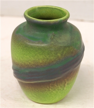 1930''s Weller Elberta Vibrant Lime Green, Blue, and Purple Pottery Small Vase Embossed Ribbon Design Signed Weller Pottery on Bottom - Vase is 4 1/4 Tall 