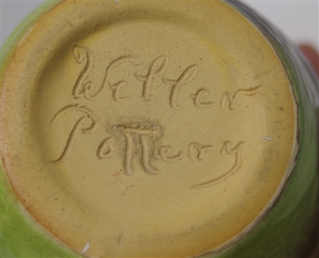 1930''s Weller Elberta Vibrant Lime Green, Blue, and Purple Pottery Small Vase Embossed Ribbon Design Signed Weller Pottery on Bottom - Vase is 4 1/4 Tall 