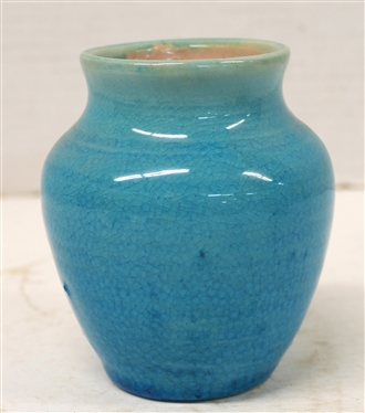 1939 Pisgah Forest Blue Crackle Glaze Small Vase - Blue Exterior - Pink Interior -Stamped Pisgah Forest 1939  Vase is 4 Tall 