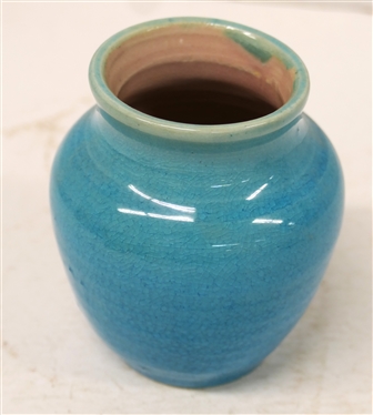 1939 Pisgah Forest Blue Crackle Glaze Small Vase - Blue Exterior - Pink Interior -Stamped Pisgah Forest 1939  Vase is 4 Tall 