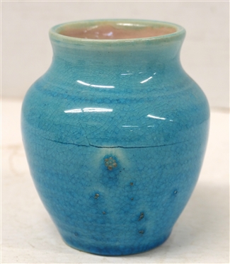 1939 Pisgah Forest Blue Crackle Glaze Small Vase - Blue Exterior - Pink Interior -Stamped Pisgah Forest 1939  Vase is 4 Tall 