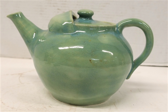 Pisgah Forest Pottery 1938 Green Gloss Glazed Tea Pot - Pink Glazed Interior - Tea Pot with Lid is 5 tall 9 Spout to Handle - Stamped Pisgah Forest Pottery 1938 