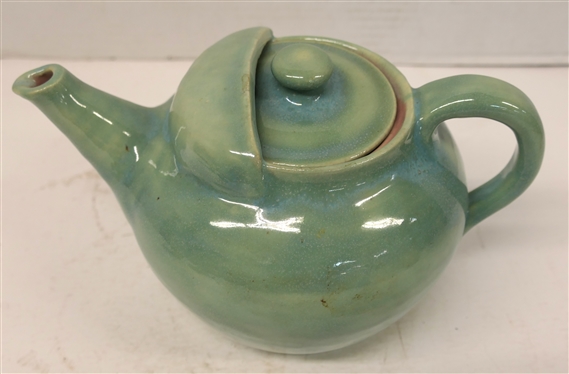 Pisgah Forest Pottery 1938 Green Gloss Glazed Tea Pot - Pink Glazed Interior - Tea Pot with Lid is 5 tall 9 Spout to Handle - Stamped Pisgah Forest Pottery 1938 