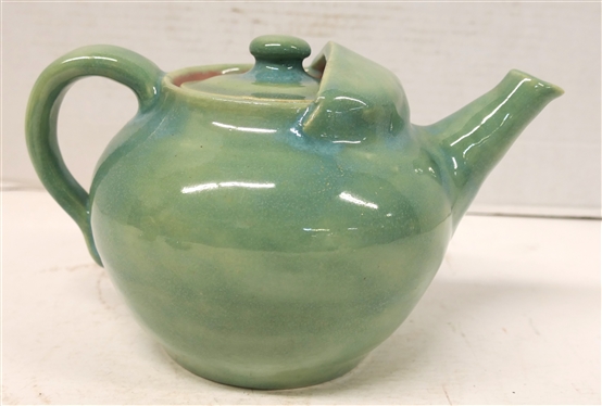 Pisgah Forest Pottery 1938 Green Gloss Glazed Tea Pot - Pink Glazed Interior - Tea Pot with Lid is 5 tall 9 Spout to Handle - Stamped Pisgah Forest Pottery 1938 
