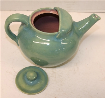 Pisgah Forest Pottery 1938 Green Gloss Glazed Tea Pot - Pink Glazed Interior - Tea Pot with Lid is 5 tall 9 Spout to Handle - Stamped Pisgah Forest Pottery 1938 