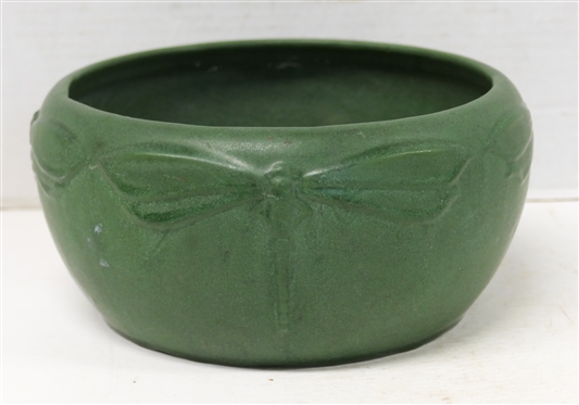 Weller Bedford Matte Green Art Pottery Vessel with Embossed Dragonfly Decoration - Circa 1910 - Unsigned - Vessel is 4 1/4 Tall 8 Across