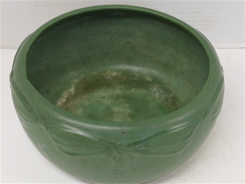 Weller Bedford Matte Green Art Pottery Vessel with Embossed Dragonfly Decoration - Circa 1910 - Unsigned - Vessel is 4 1/4 Tall 8 Across