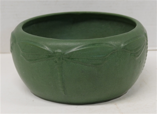 Weller Bedford Matte Green Art Pottery Vessel with Embossed Dragonfly Decoration - Circa 1910 - Unsigned - Vessel is 4 1/4 Tall 8 Across
