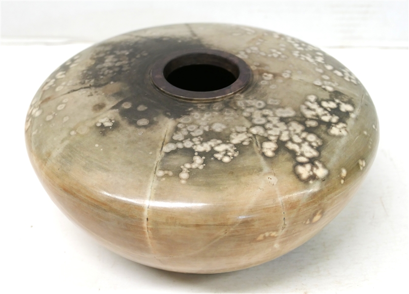 1997 Dated Raku Pottery Vessel - Vase is 4 1/2" Tall 8 1/2" Across Signed with "A 97" 