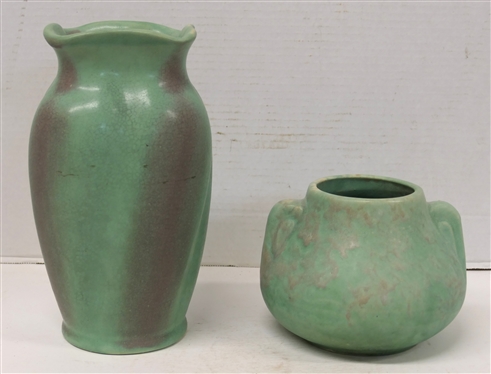 2 Pieces of Light Seafoam Green Art Pottery - Large Vase Number 733 with Wine Accents - 9 Tall and Low Vase with Double Handles - 5 Tall 5 Wide