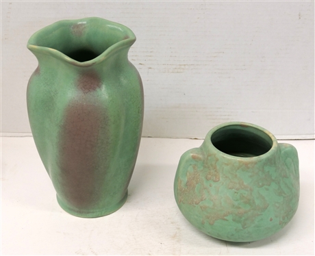 2 Pieces of Light Seafoam Green Art Pottery - Large Vase Number 733 with Wine Accents - 9 Tall and Low Vase with Double Handles - 5 Tall 5 Wide