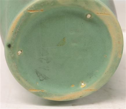 2 Pieces of Light Seafoam Green Art Pottery - Large Vase Number 733 with Wine Accents - 9 Tall and Low Vase with Double Handles - 5 Tall 5 Wide