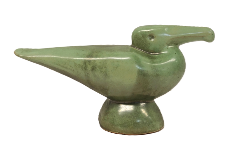 Shearwater Pottery Figural Pelican Bird - Stamped Shearwater on Bottom - Light Green Glaze - Bird Sculpture is 5 1/2" tall 10" Beak to Tail - Shearwater Pottery Ocean Springs, Mississippi