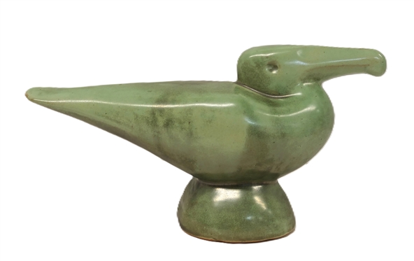 Shearwater Pottery Figural Pelican Bird - Stamped Shearwater on Bottom - Light Green Glaze - Bird Sculpture is 5 1/2 tall 10 Beak to Tail - Shearwater Pottery Ocean Springs, Mississippi