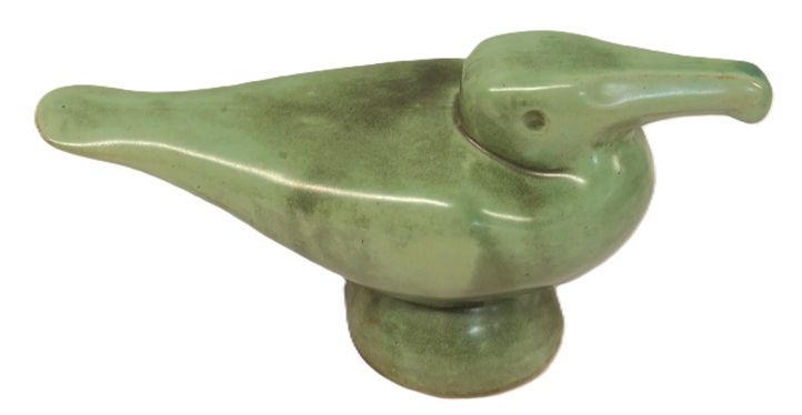 Shearwater Pottery Figural Pelican Bird - Stamped Shearwater on Bottom - Light Green Glaze - Bird Sculpture is 5 1/2 tall 10 Beak to Tail - Shearwater Pottery Ocean Springs, Mississippi