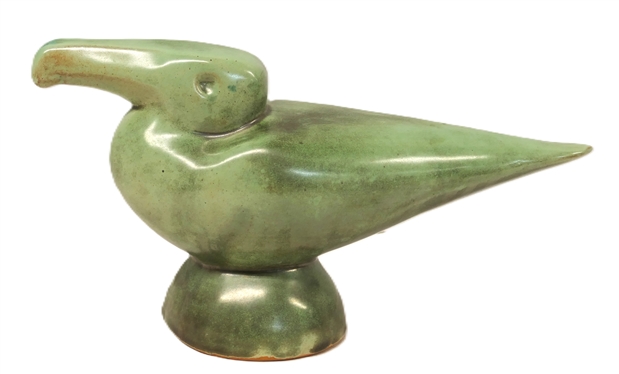 Shearwater Pottery Figural Pelican Bird - Stamped Shearwater on Bottom - Light Green Glaze - Bird Sculpture is 5 1/2 tall 10 Beak to Tail - Shearwater Pottery Ocean Springs, Mississippi