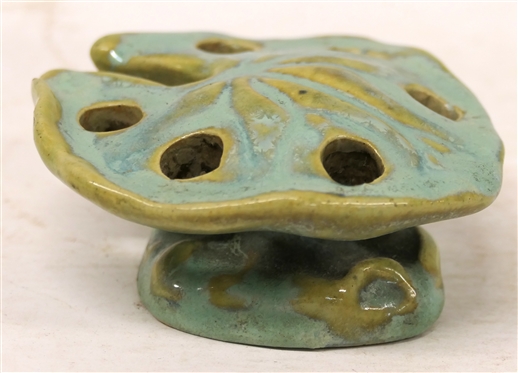 Signed Fulper Art Pottery Lily Pad Flower Frog - 1 1/2 tall 4 Across  - Signed on Bottom - Small Chip Near Edge 