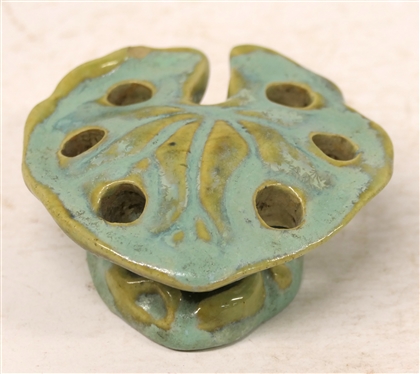 Signed Fulper Art Pottery Lily Pad Flower Frog - 1 1/2 tall 4 Across  - Signed on Bottom - Small Chip Near Edge 