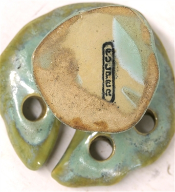 Signed Fulper Art Pottery Lily Pad Flower Frog - 1 1/2 tall 4 Across  - Signed on Bottom - Small Chip Near Edge 