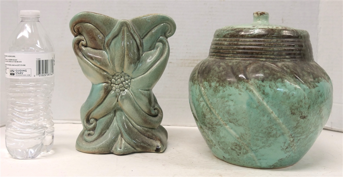 2 Pieces of Signed Gonder Art Pottery  with Sea Green / Turquoise Glaze - Floral Vase No. H-79 - 8 1/2" Tall - Small Rough Areas on Bottom Corners and Ginger Jar P - 24 - 9" Tall - Glaze Flake on Side