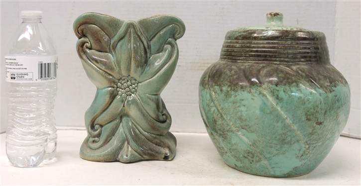2 Pieces of Signed Gonder Art Pottery  with Sea Green / Turquoise Glaze - Floral Vase No. H-79 - 8 1/2 Tall - Small Rough Areas on Bottom Corners and Ginger Jar P - 24 - 9 Tall - Glaze Flake on Side