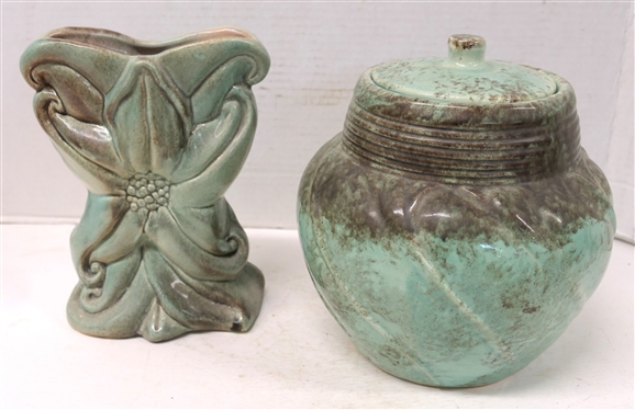2 Pieces of Signed Gonder Art Pottery  with Sea Green / Turquoise Glaze - Floral Vase No. H-79 - 8 1/2 Tall - Small Rough Areas on Bottom Corners and Ginger Jar P - 24 - 9 Tall - Glaze Flake on Side