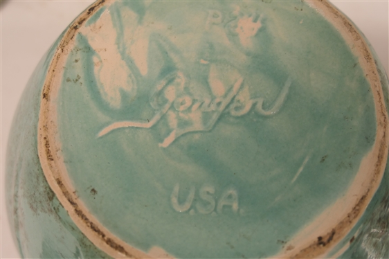 2 Pieces of Signed Gonder Art Pottery  with Sea Green / Turquoise Glaze - Floral Vase No. H-79 - 8 1/2 Tall - Small Rough Areas on Bottom Corners and Ginger Jar P - 24 - 9 Tall - Glaze Flake on Side