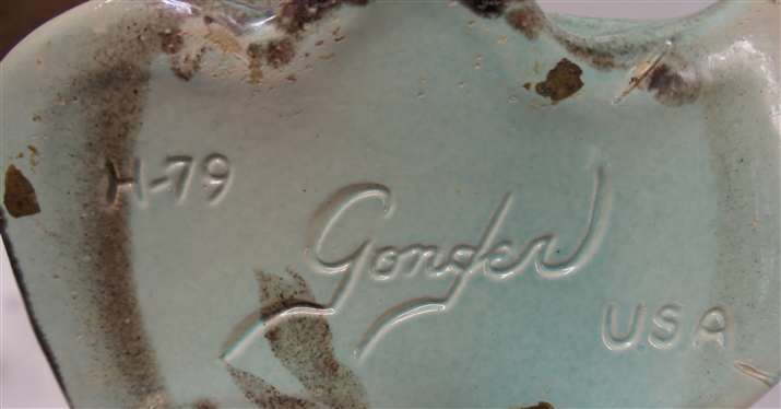 2 Pieces of Signed Gonder Art Pottery  with Sea Green / Turquoise Glaze - Floral Vase No. H-79 - 8 1/2 Tall - Small Rough Areas on Bottom Corners and Ginger Jar P - 24 - 9 Tall - Glaze Flake on Side