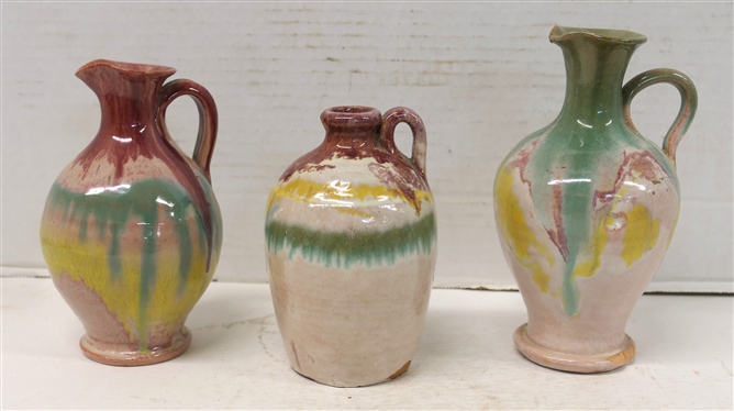 3 Smaller Pieces of Cole / Rainbow Art Pottery - 2 Rebecca Pitchers - 6 1/4 Tall 5 3/4 Tall and 5 Jug with Glaze Missing on Handle and Under Lip - All Unsigned 
